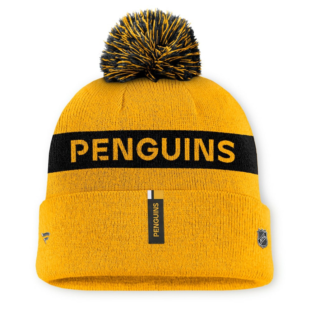 Pittsburgh Penguins Fanatics Women's Authentic Pro Rink Cuffed Knit Hat with Pom Gold/Black