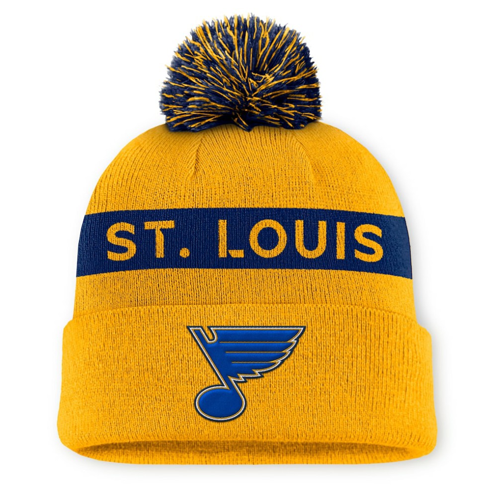 St. Louis Blues Fanatics Women's Authentic Pro Rink Cuffed Knit Hat with Pom Gold/Navy