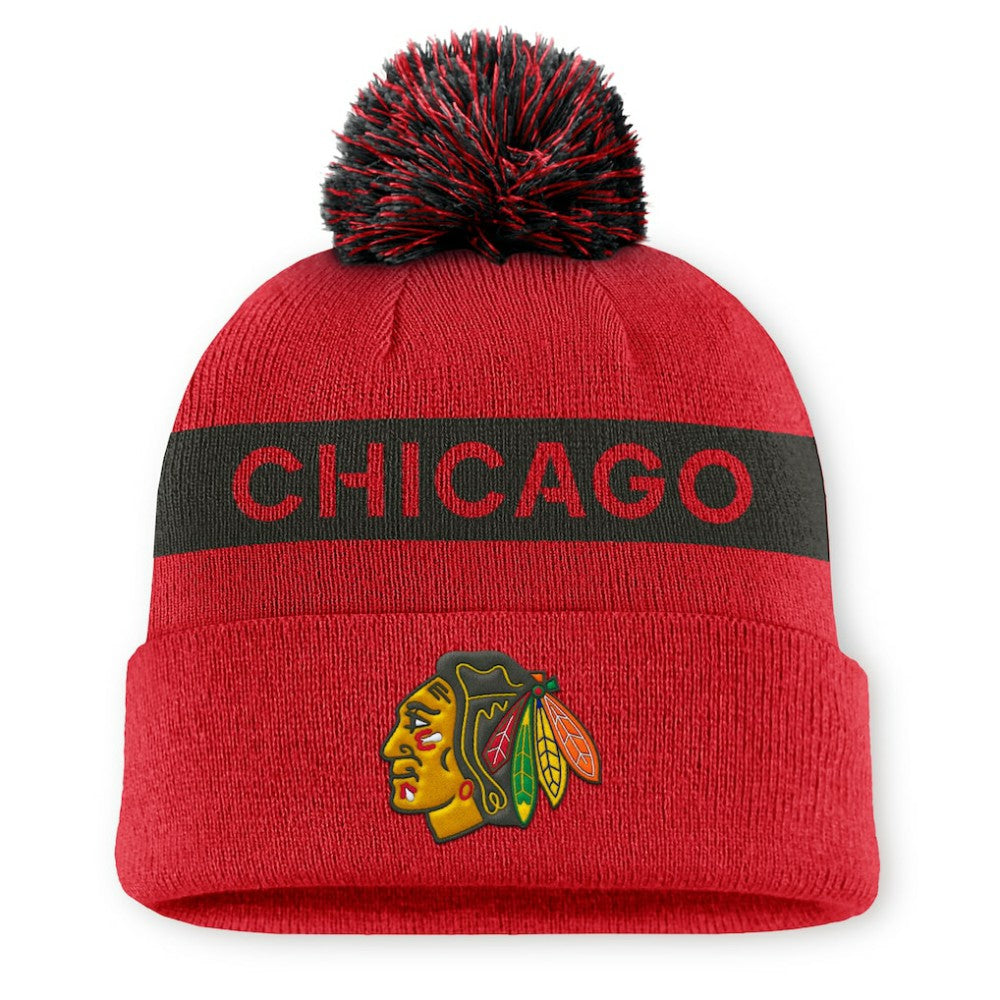Chicago Blackhawks Fanatics Women's Authentic Pro Rink Cuffed Knit Hat with Pom Red/Black