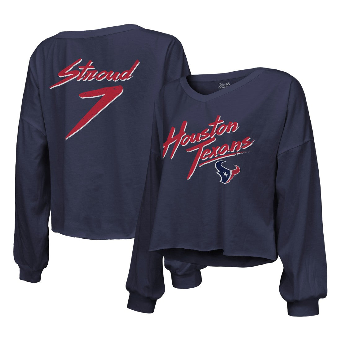 C.J. Stroud Houston Texans Majestic Threads Women's Name & Number Script Off-Shoulder Cropped Long Sleeve T-Shirt - Navy cheap