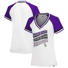 Colorado Rockies Women's Jersey Double Binding Raglan V-Neck T-Shirt - White | New Era