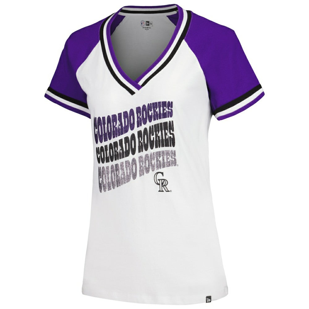 Colorado Rockies Women's Jersey Double Binding Raglan V-Neck T-Shirt - White | New Era