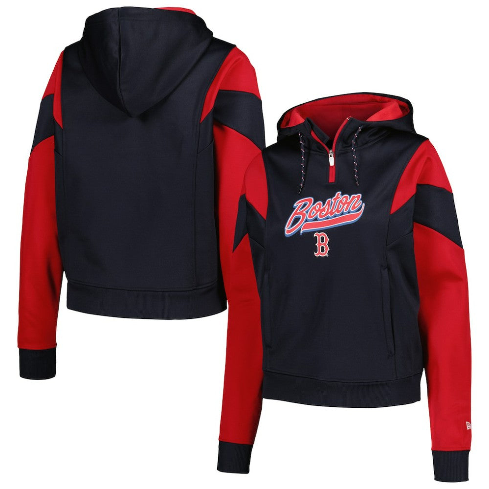 Boston Red Sox Women's Color Block Fleece Quarter-Zip Hoodie - Navy | New Era