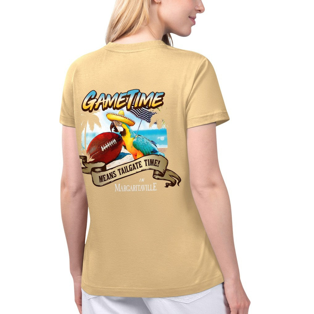 New Orleans Saints Margaritaville Women's Game Time V-Neck T-Shirt - Gold on sale