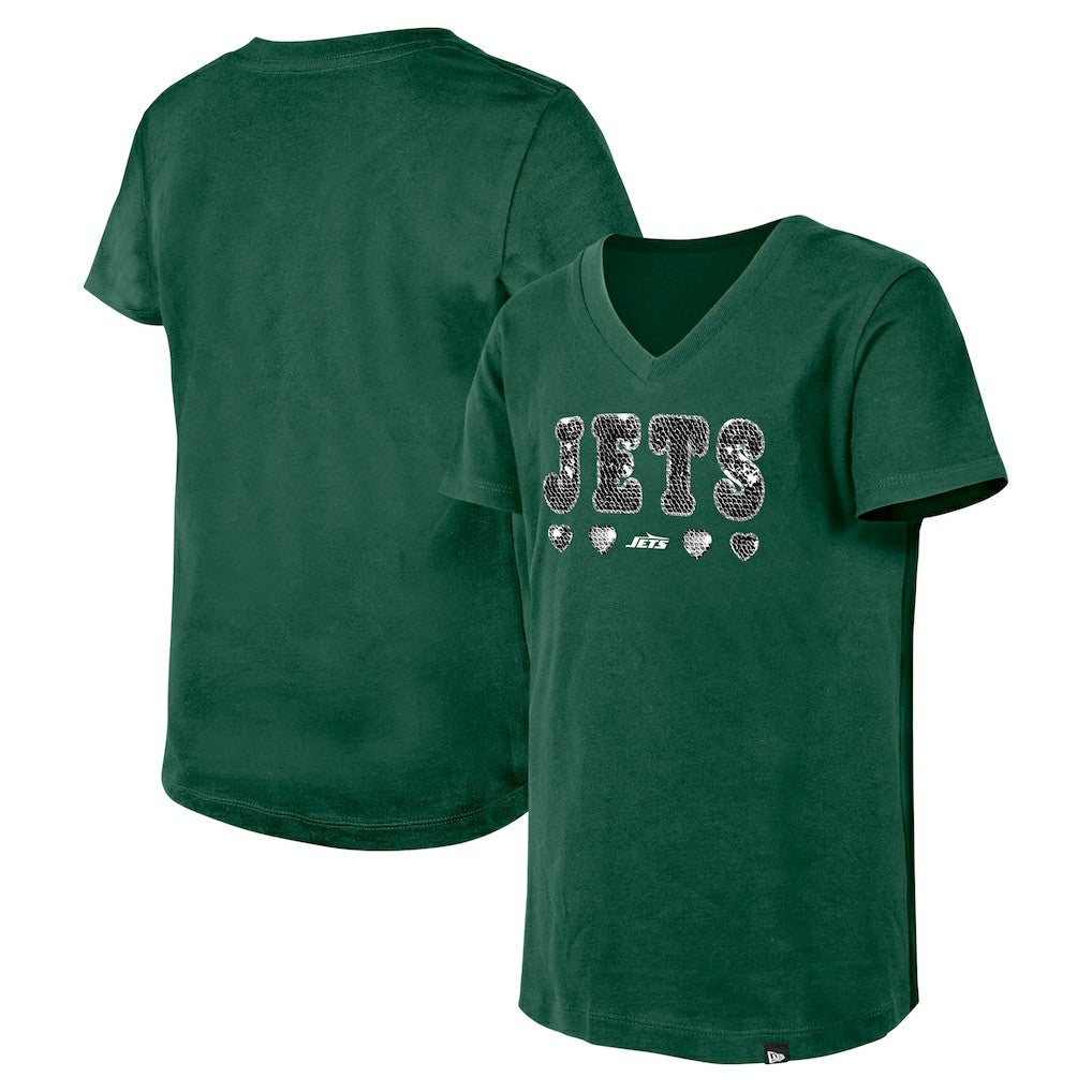 New York Jets New Era Girls Youth Flip Sequin V-Neck T-Shirt - Green online