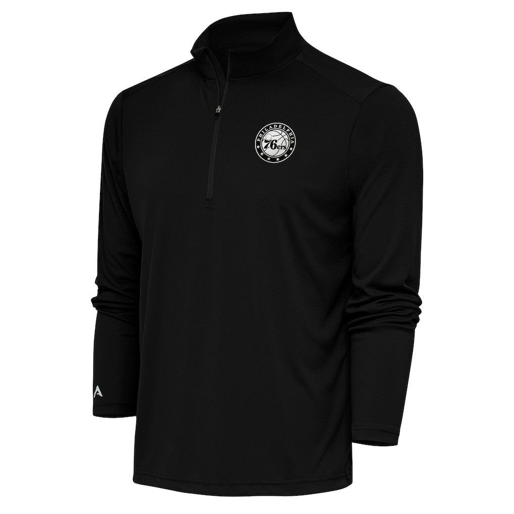 Philadelphia 76ers Antigua Metallic Logo Tribute Quarter-Zip Pullover - Black discount