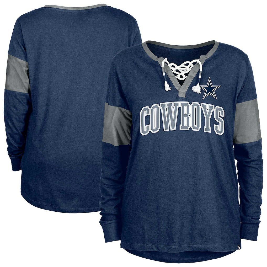 Dallas Cowboys New Era Women's Lace-Up Notch-Neck Long Sleeve T-Shirt - Navy outlet