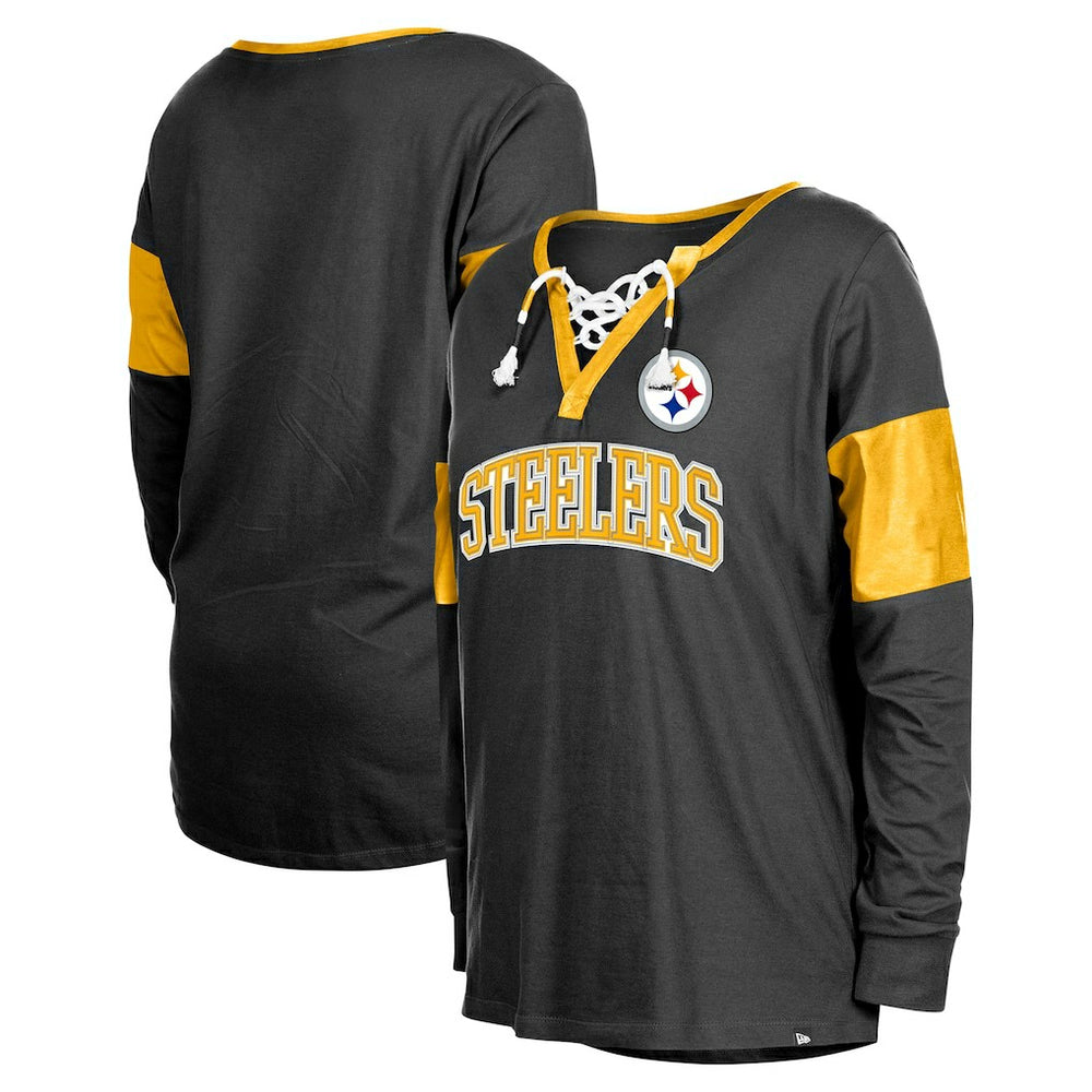 Pittsburgh Steelers New Era Women's Lace-Up Notch-Neck Long Sleeve T-Shirt - Black sale