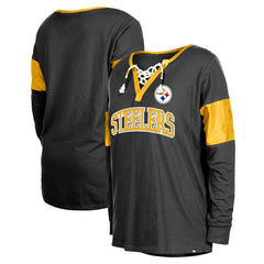 Pittsburgh Steelers New Era Women's Lace-Up Notch-Neck Long Sleeve T-Shirt - Black sale