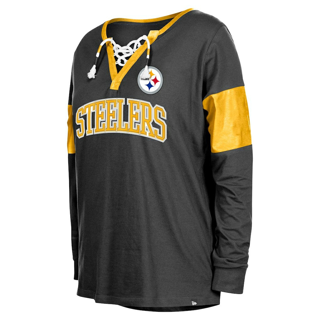 Pittsburgh Steelers New Era Women's Lace-Up Notch-Neck Long Sleeve T-Shirt - Black sale
