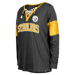 Pittsburgh Steelers New Era Women's Lace-Up Notch-Neck Long Sleeve T-Shirt - Black sale