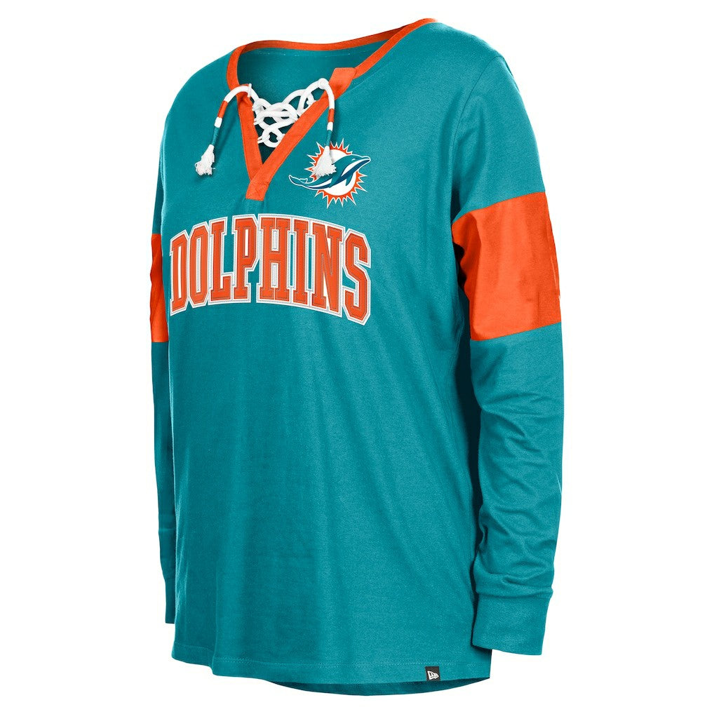 Miami Dolphins New Era Women's Lace-Up Notch-Neck Long Sleeve T-Shirt - Aqua discount