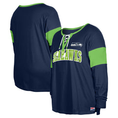 Seattle Seahawks New Era Women's Plus Size Lace-Up Notch Neck Long Sleeve T-Shirt  - College Navy discount