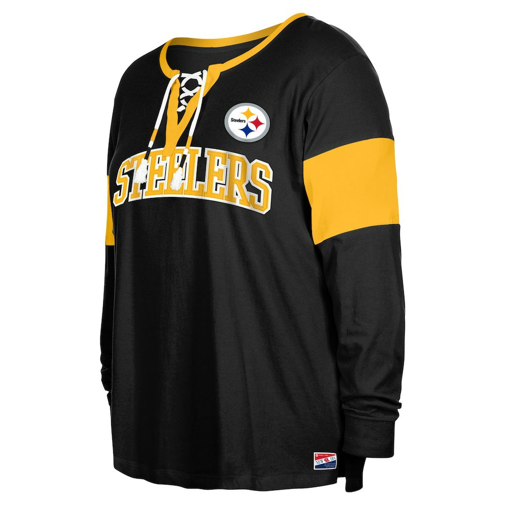 Pittsburgh Steelers New Era Women's Plus Size Lace-Up Notch Neck Long Sleeve T-Shirt  - Black on sale