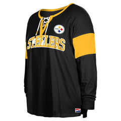 Pittsburgh Steelers New Era Women's Plus Size Lace-Up Notch Neck Long Sleeve T-Shirt  - Black on sale