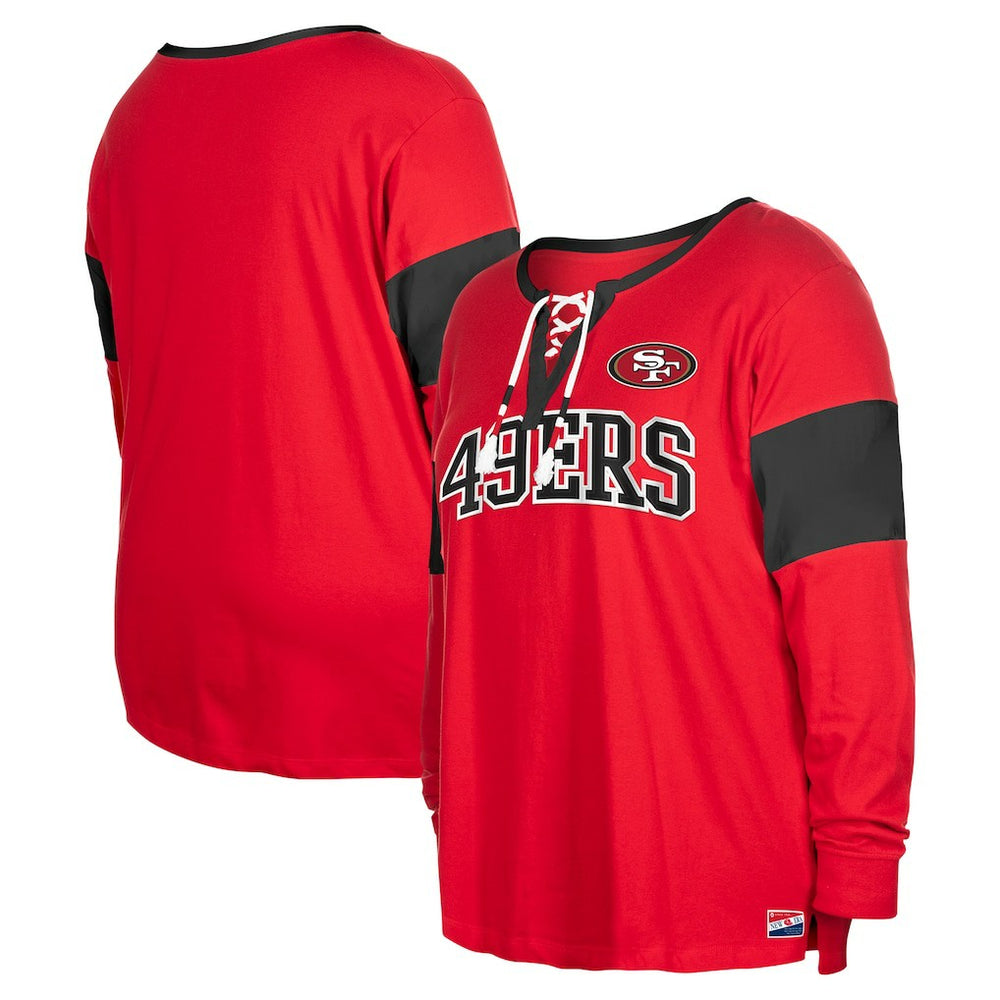 San Francisco 49ers New Era Women's Plus Size Lace-Up Notch Neck Long Sleeve T-Shirt  - Scarlet online