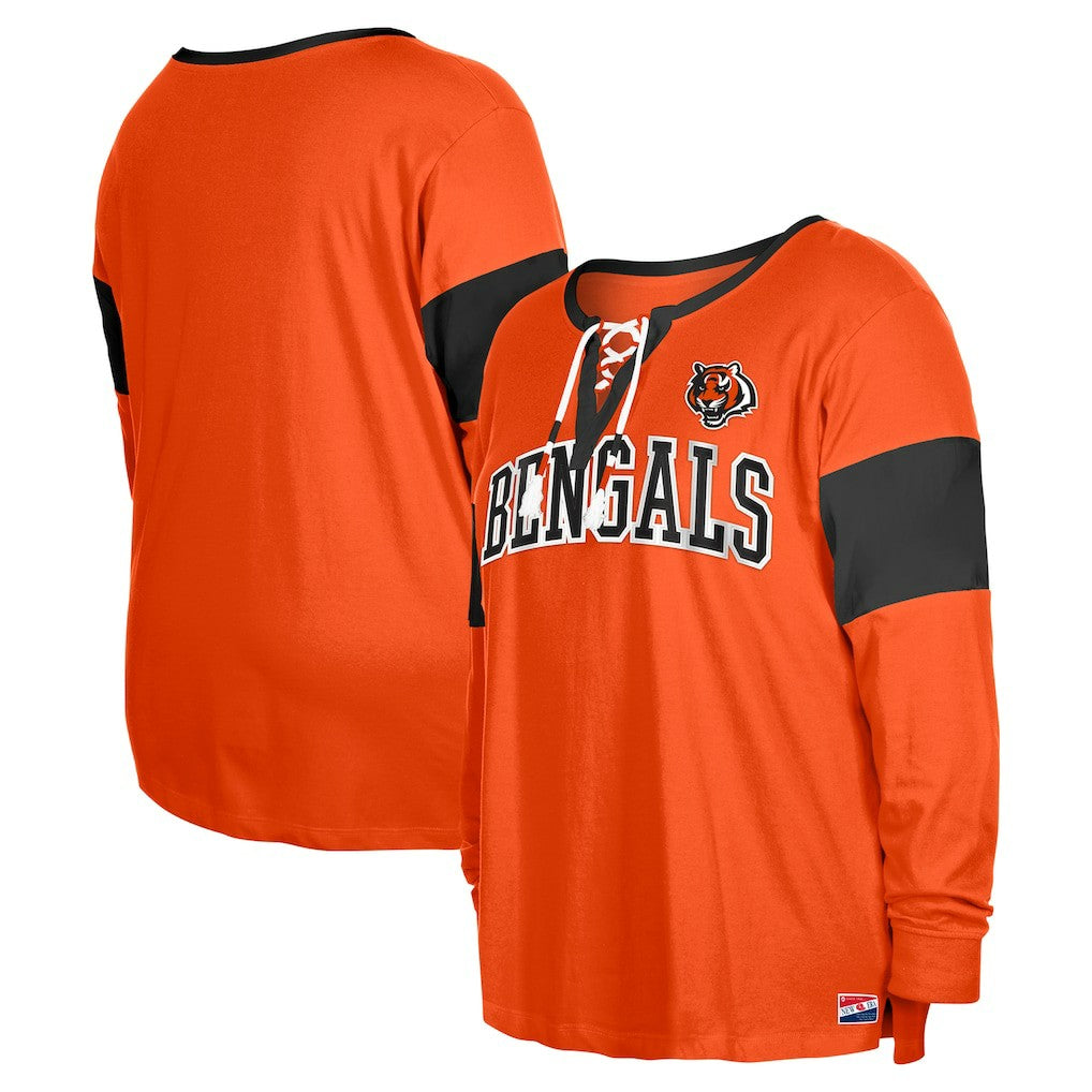 Cincinnati Bengals New Era Women's Plus Size Lace-Up Notch Neck Long Sleeve T-Shirt  - Orange sale