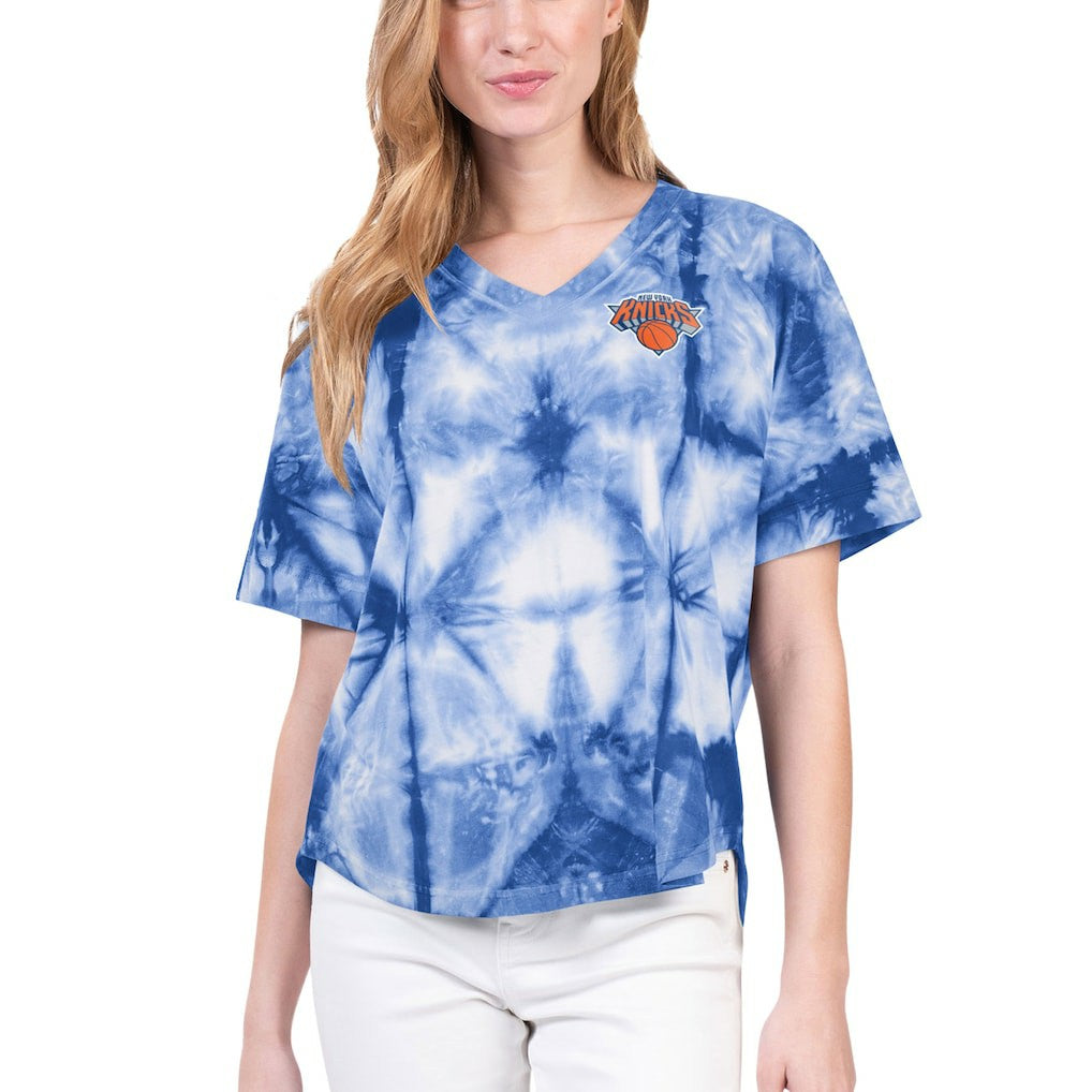 New York Knicks G-III 4Her by Carl Banks Women's Tournament Raglan Oversized Tie-Dye V-Neck T-Shirt - Blue discount