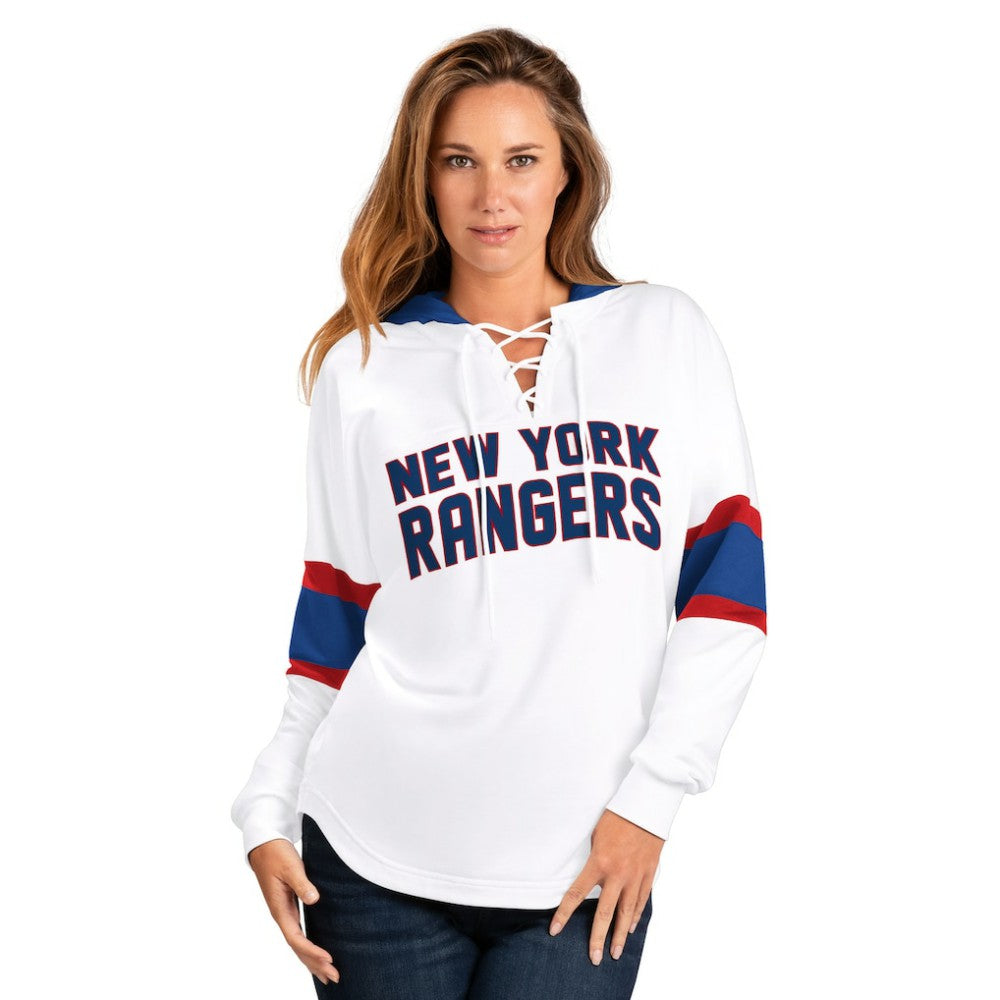 New York Rangers G-III 4Her by Carl Banks Women's Goal Zone Long Sleeve Lace-Up Hoodie T-Shirt White/Blue
