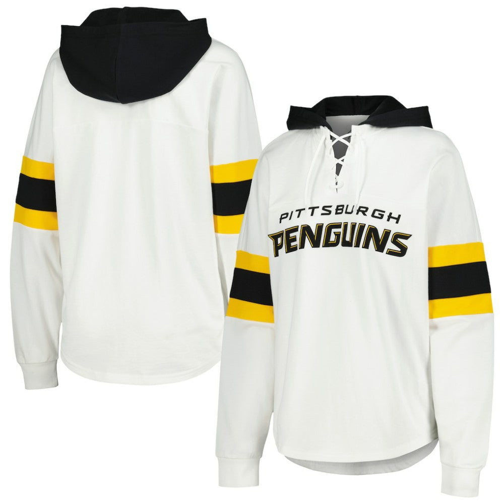 Pittsburgh Penguins G-III 4Her by Carl Banks Women's Goal Zone Long Sleeve Lace-Up Hoodie T-Shirt White/Black