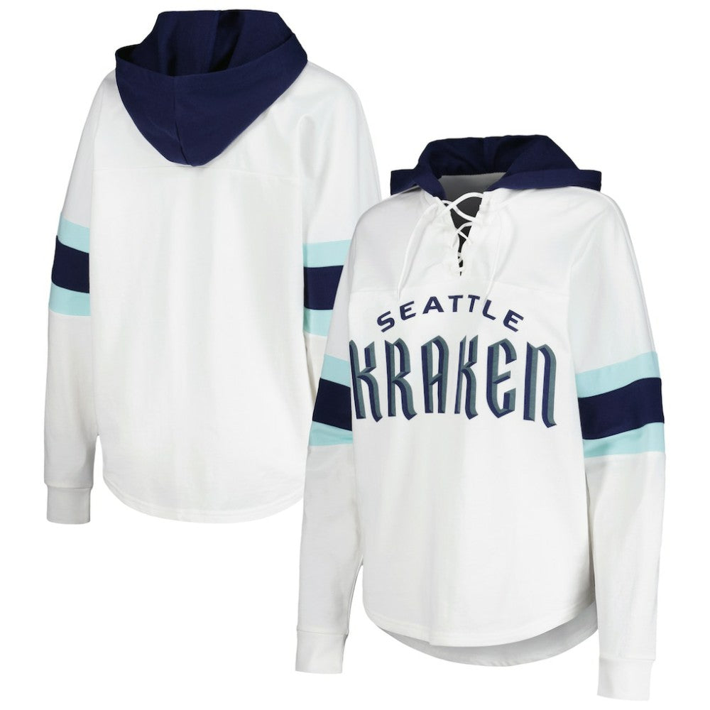 Seattle Kraken G-III 4Her by Carl Banks Women's Goal Zone Long Sleeve Lace-Up Hoodie T-Shirt White/Deep Sea Blue