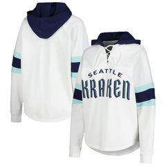 Seattle Kraken G-III 4Her by Carl Banks Women's Goal Zone Long Sleeve Lace-Up Hoodie T-Shirt White/Deep Sea Blue