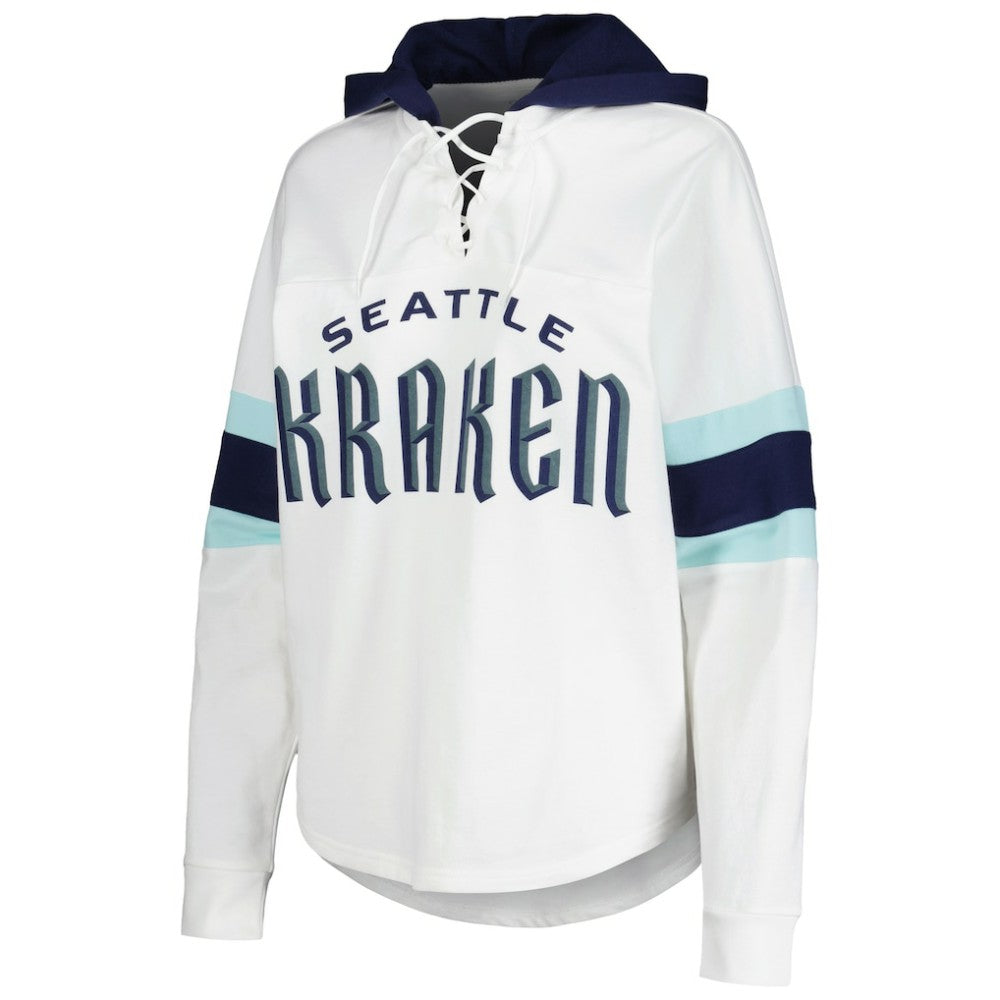 Seattle Kraken G-III 4Her by Carl Banks Women's Goal Zone Long Sleeve Lace-Up Hoodie T-Shirt White/Deep Sea Blue