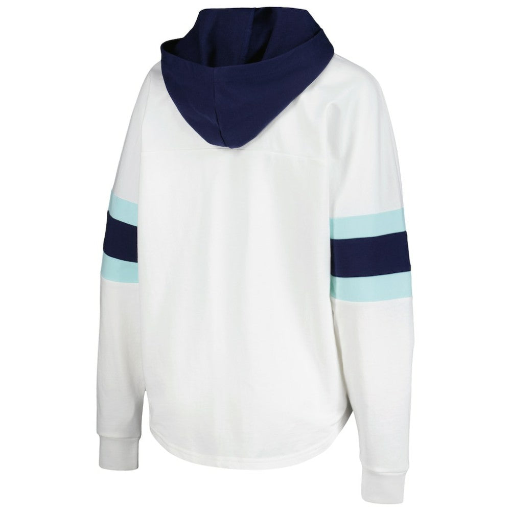 Seattle Kraken G-III 4Her by Carl Banks Women's Goal Zone Long Sleeve Lace-Up Hoodie T-Shirt White/Deep Sea Blue