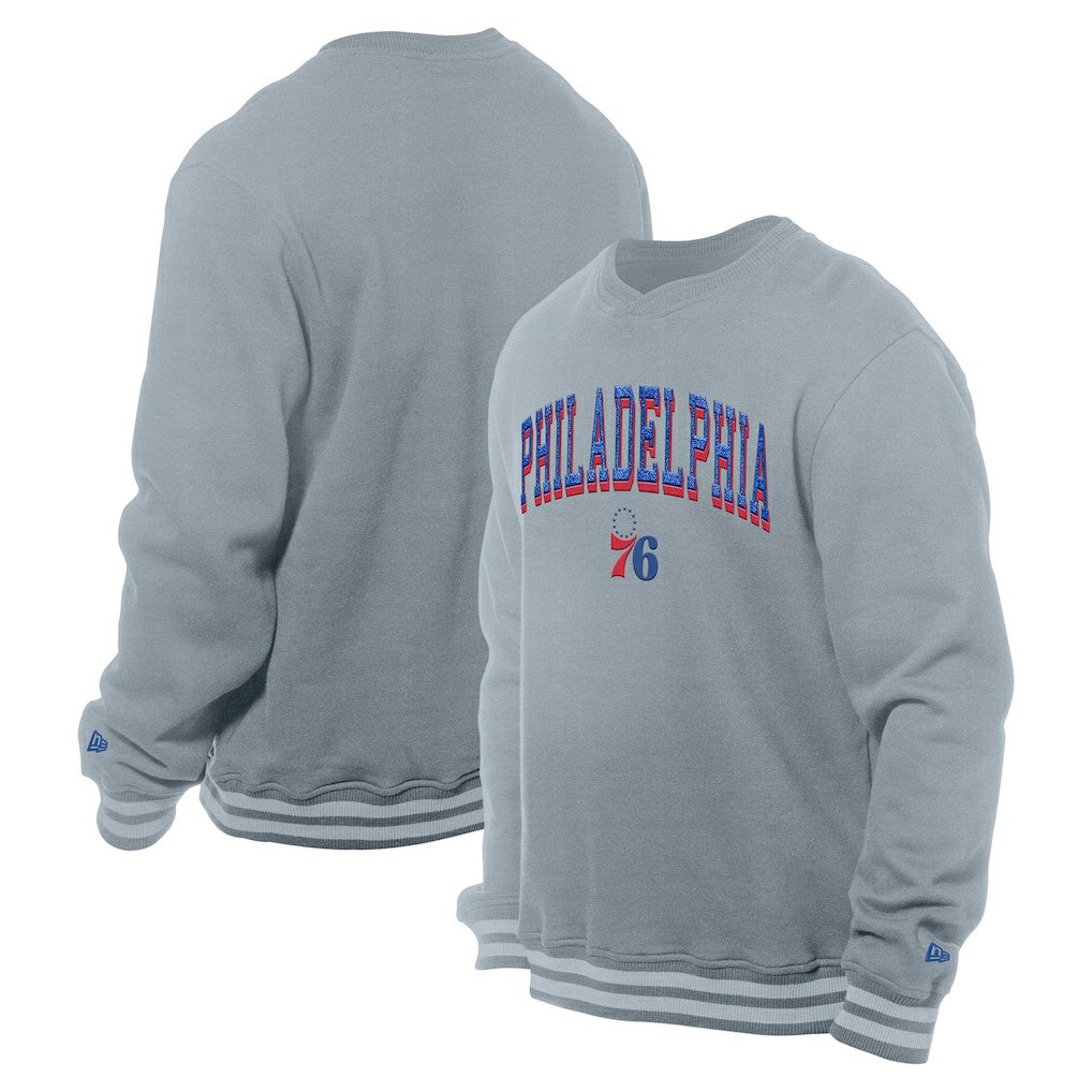 Philadelphia 76ers Chenille Cross Over Pullover Sweatshirt - Gray | New Era shop