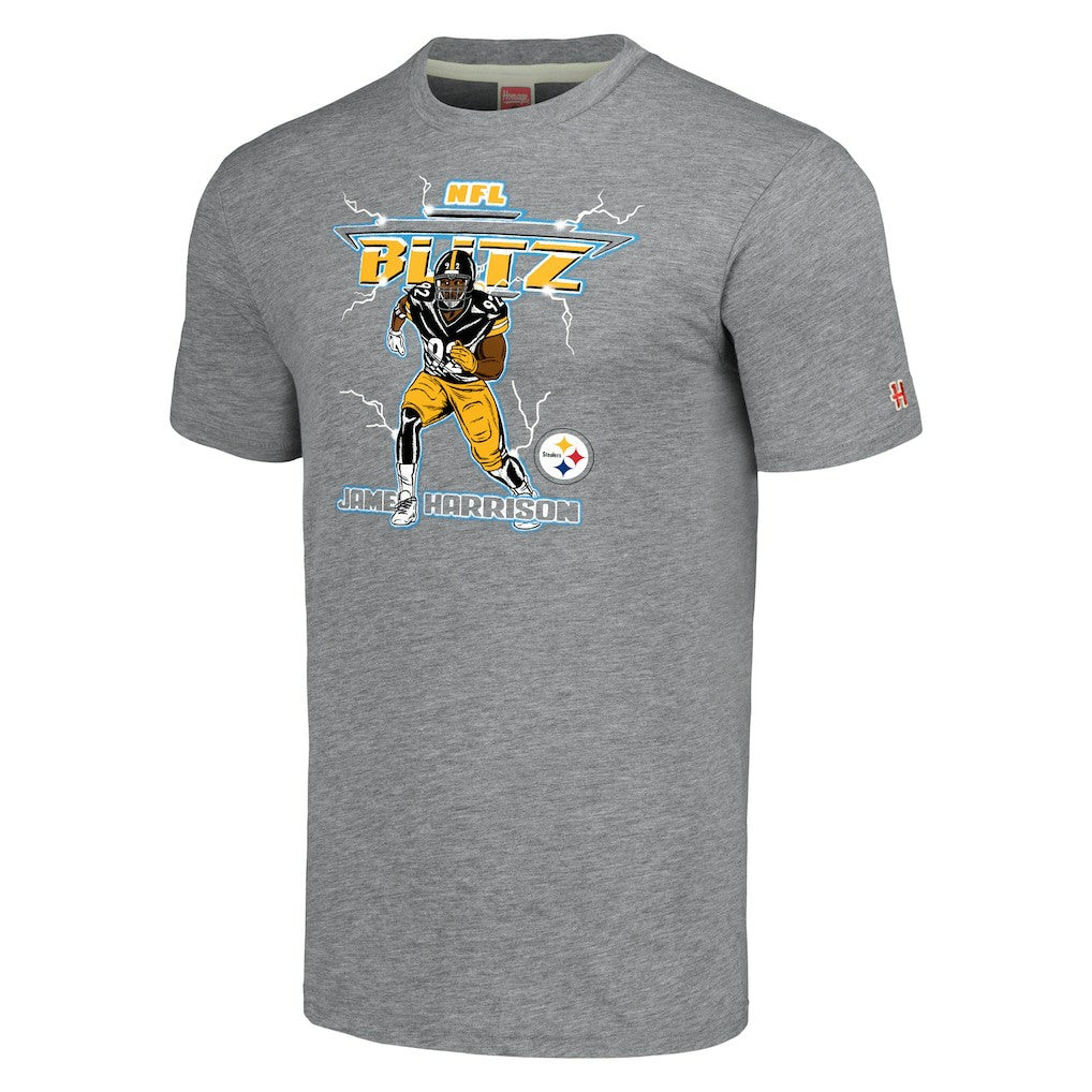 James Harrison Pittsburgh Steelers Homage Unisex NFL Blitz Retired Player Tri-Blend T-Shirt - Heathered Heather Gray outlet