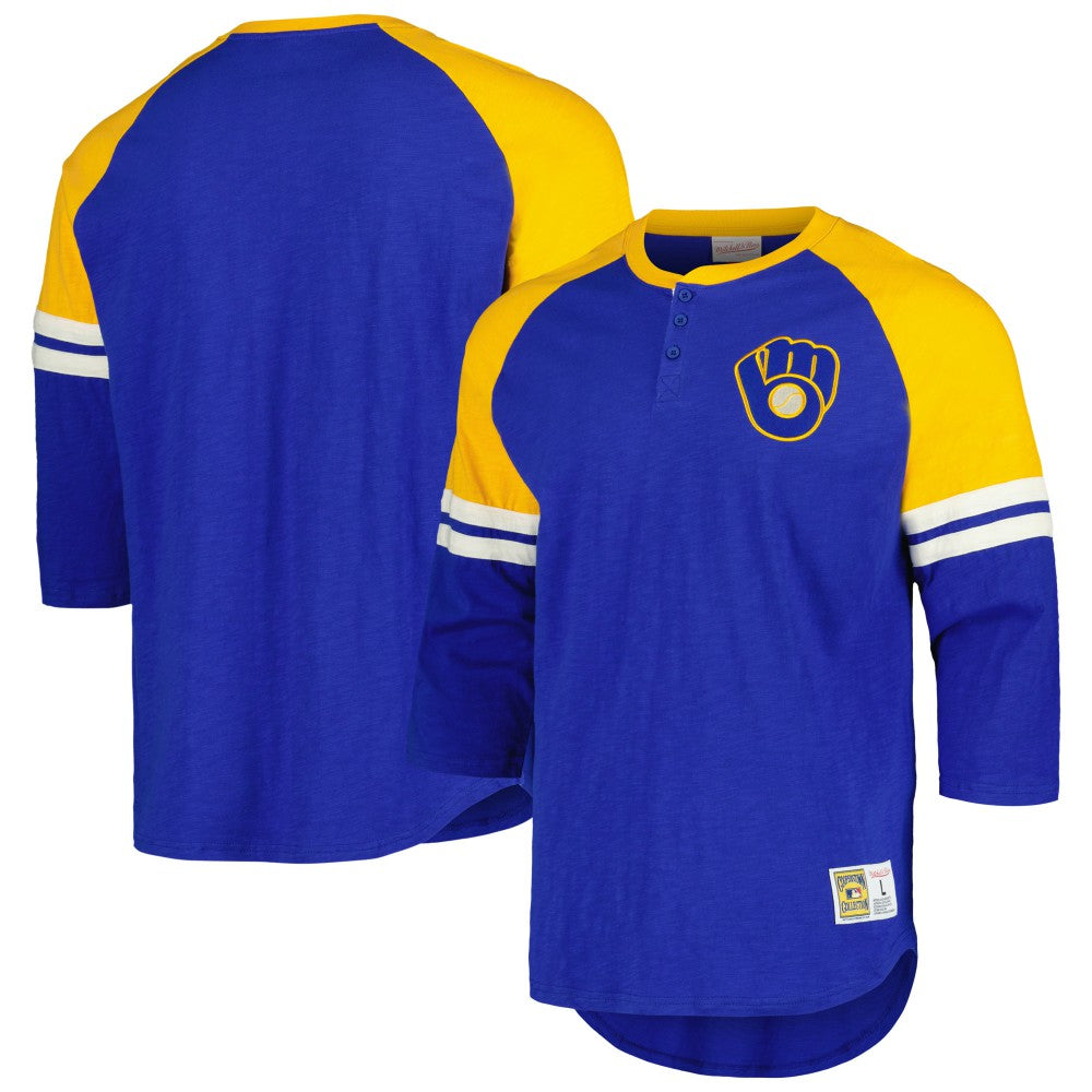 Milwaukee Brewers Cooperstown Collection Legendary Raglan Slub Henley 3/4-Sleeve T-Shirt - Royal | Mitchell & Ness