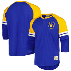 Milwaukee Brewers Cooperstown Collection Legendary Raglan Slub Henley 3/4-Sleeve T-Shirt - Royal | Mitchell & Ness