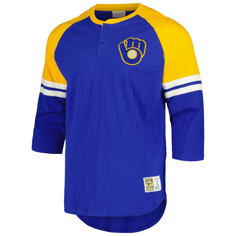 Milwaukee Brewers Cooperstown Collection Legendary Raglan Slub Henley 3/4-Sleeve T-Shirt - Royal | Mitchell & Ness
