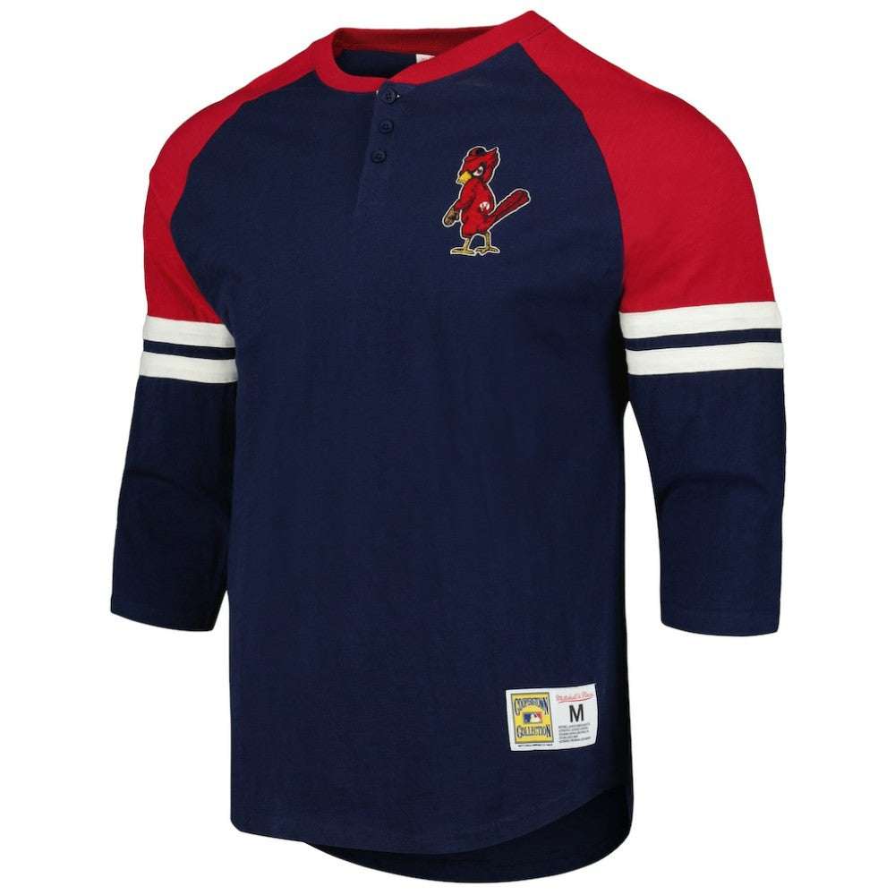 St. Louis Cardinals Cooperstown Collection Legendary Raglan Slub Henley Three-Quarter Sleeve T-Shirt - Navy | Mitchell & Ness