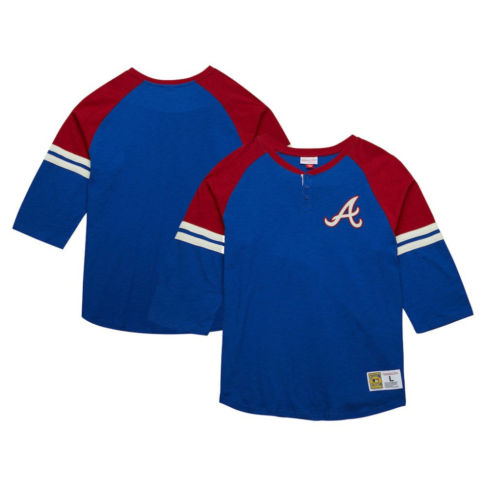 Atlanta Braves Cooperstown Collection Legendary Raglan Slub Henley 3/4-Sleeve T-Shirt - Royal | Mitchell & Ness