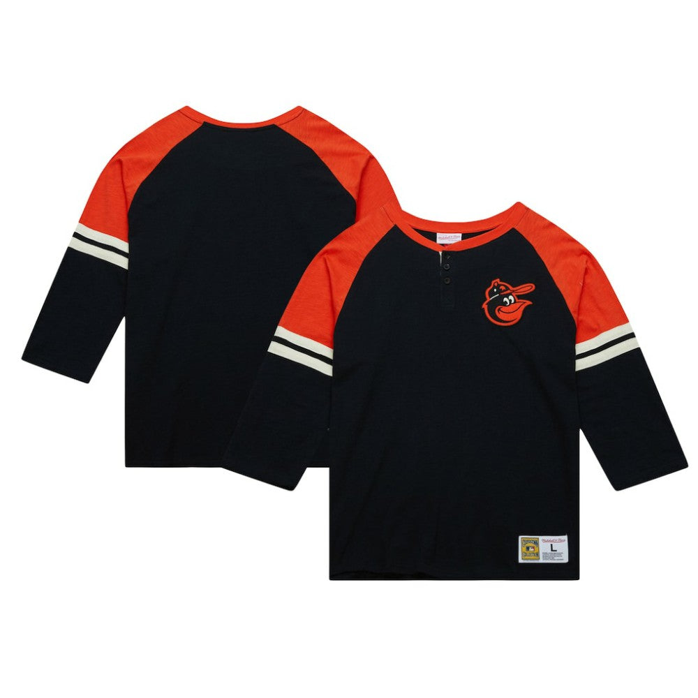 Baltimore Orioles Cooperstown Collection Legendary Raglan Slub Henley 3/4-Sleeve T-Shirt - Black | Mitchell & Ness