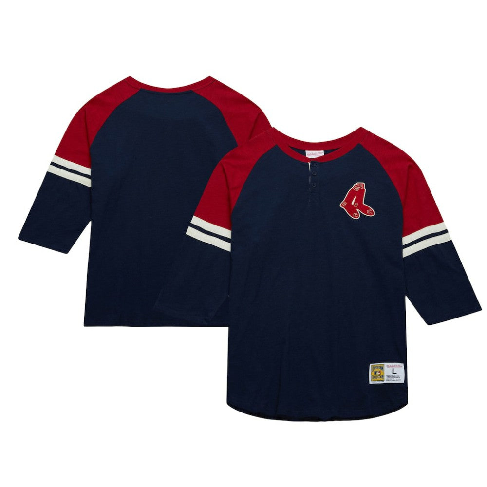 Boston Red Sox Cooperstown Collection Legendary Raglan Slub Henley 3/4-Sleeve T-Shirt - Navy | Mitchell & Ness