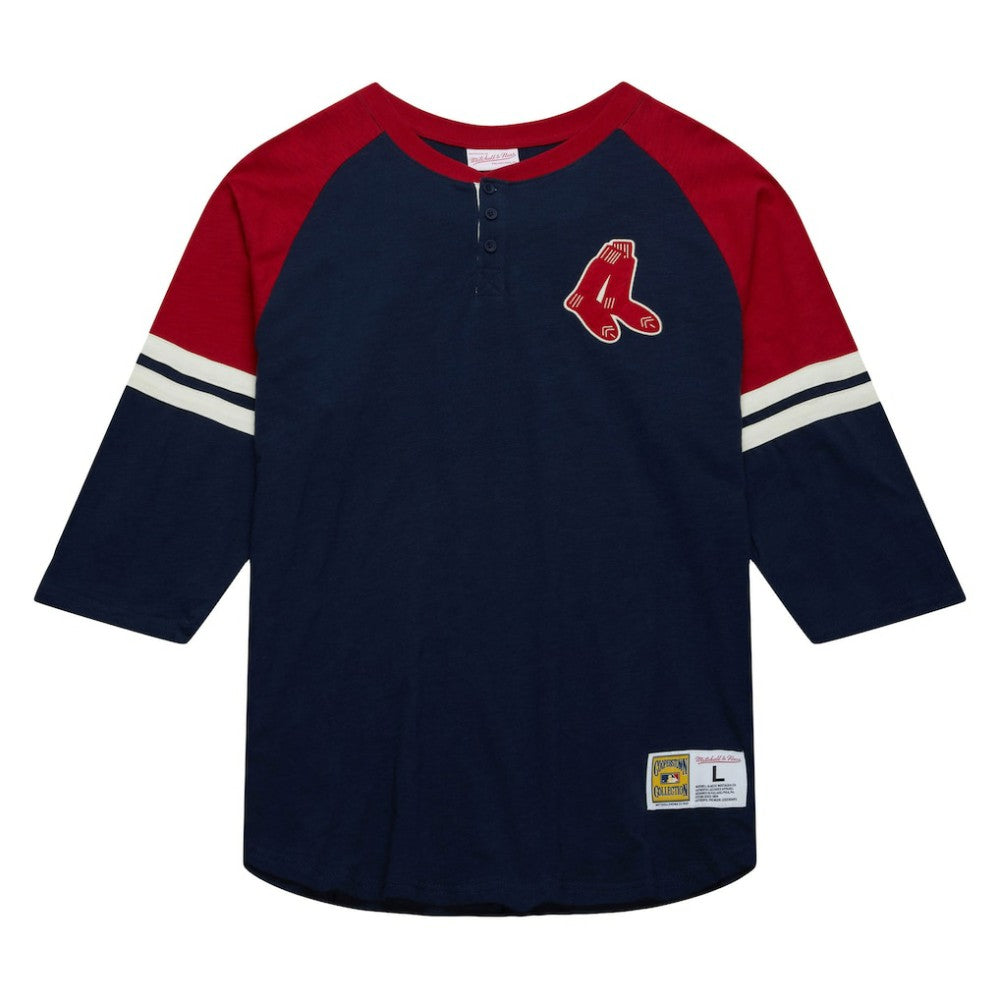 Boston Red Sox Cooperstown Collection Legendary Raglan Slub Henley 3/4-Sleeve T-Shirt - Navy | Mitchell & Ness