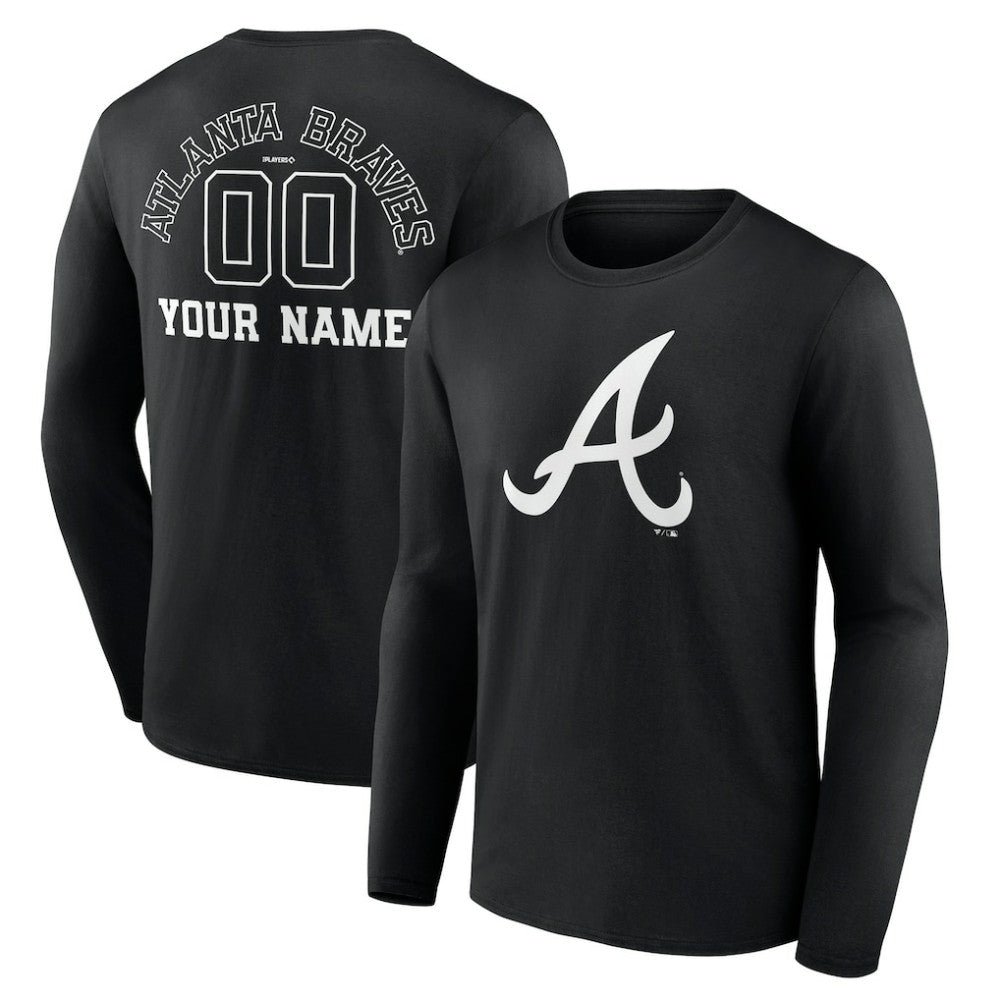 Atlanta Braves Monochrome Personalized Name & Number Long Sleeve T-Shirt - Black