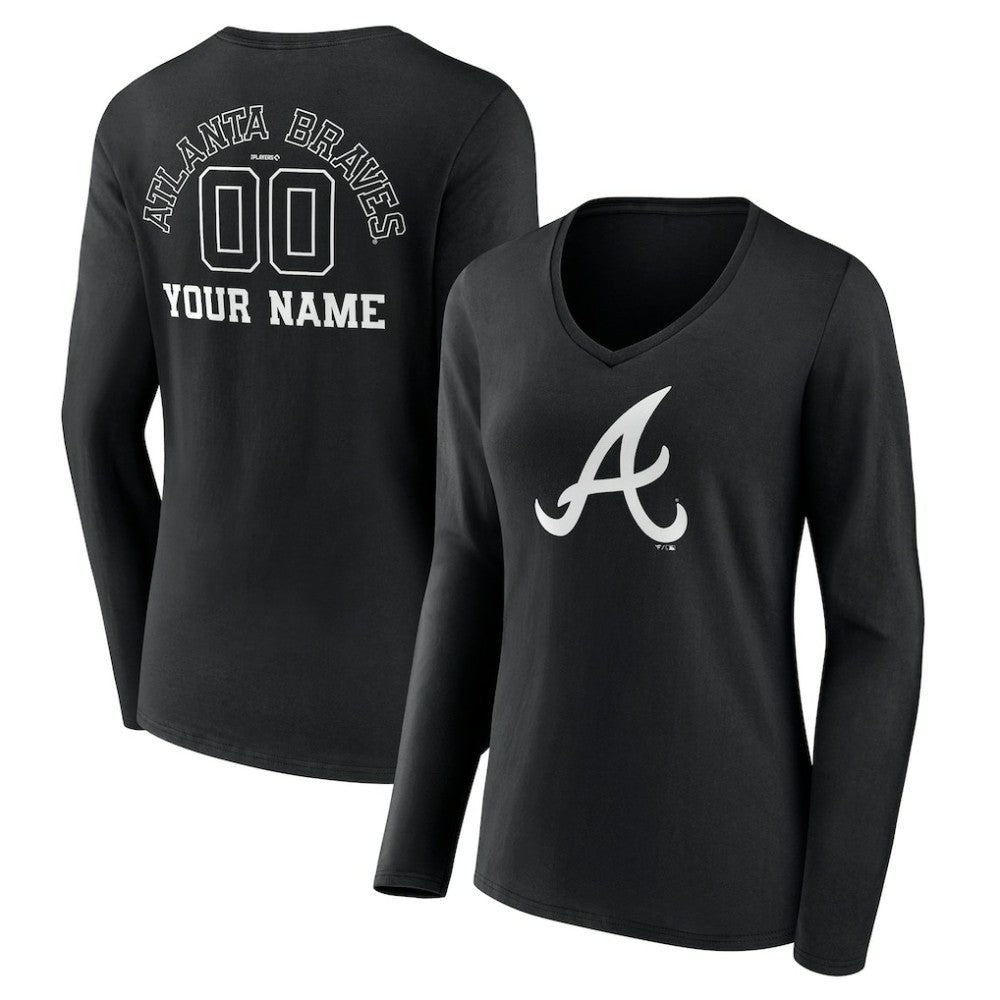 Atlanta Braves Women's Monochrome Personalized Name & Number Long Sleeve V-Neck T-Shirt - Black