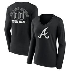 Atlanta Braves Women's Monochrome Personalized Name & Number Long Sleeve V-Neck T-Shirt - Black