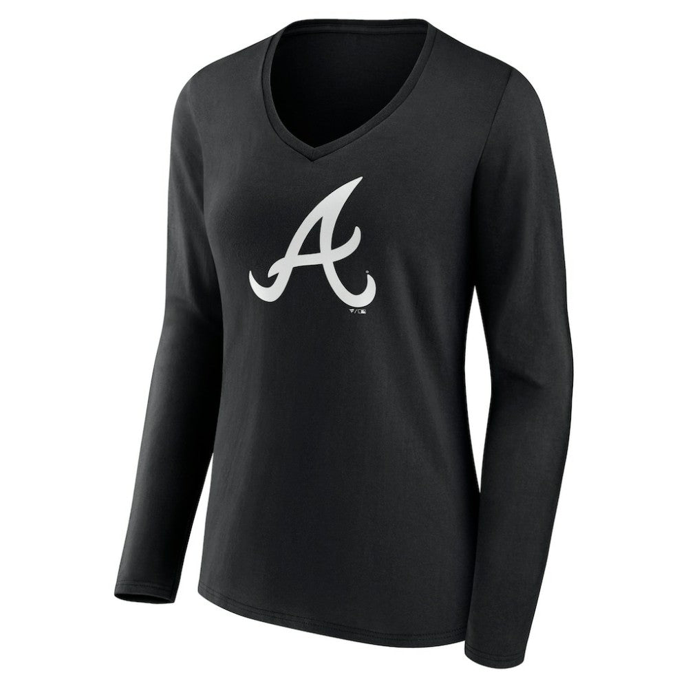 Atlanta Braves Women's Monochrome Personalized Name & Number Long Sleeve V-Neck T-Shirt - Black