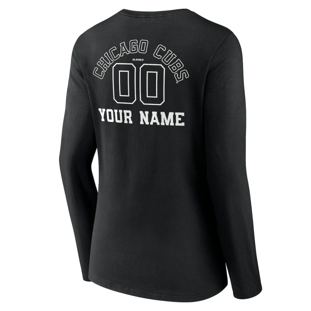 Chicago Cubs Women's Monochrome Personalized Name & Number Long Sleeve V-Neck T-Shirt - Black