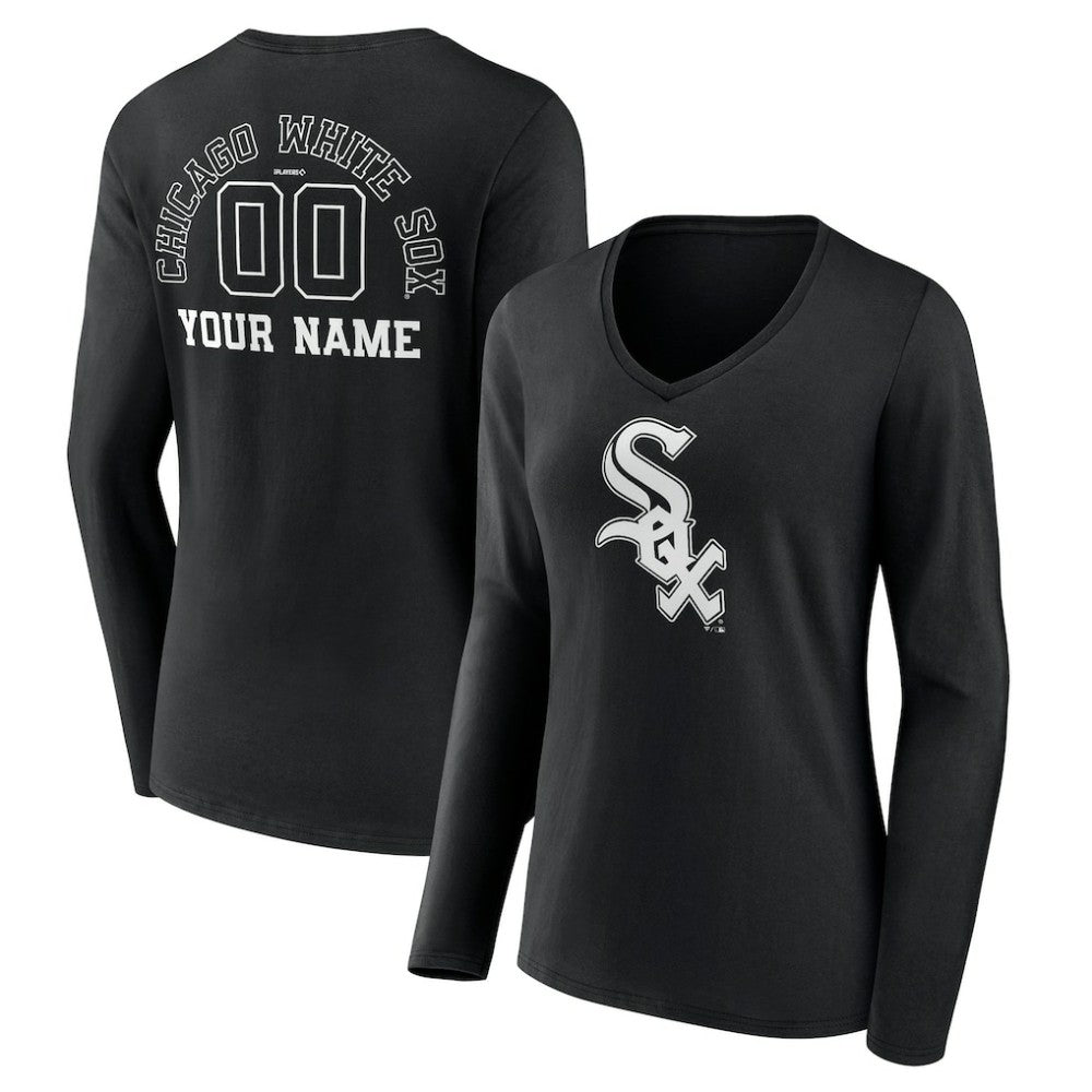 Chicago White Sox Women's Monochrome Personalized Name & Number Long Sleeve V-Neck T-Shirt - Black
