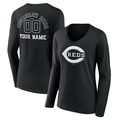 Cincinnati Reds Women's Monochrome Personalized Name & Number Long Sleeve V-Neck T-Shirt - Black