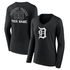 Detroit Tigers Women's Monochrome Personalized Name & Number Long Sleeve V-Neck T-Shirt - Black