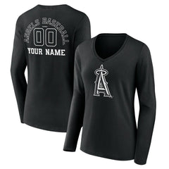Los Angeles Angels Women's Monochrome Personalized Name & Number Long Sleeve V-Neck T-Shirt - Black