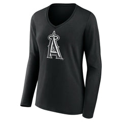 Los Angeles Angels Women's Monochrome Personalized Name & Number Long Sleeve V-Neck T-Shirt - Black