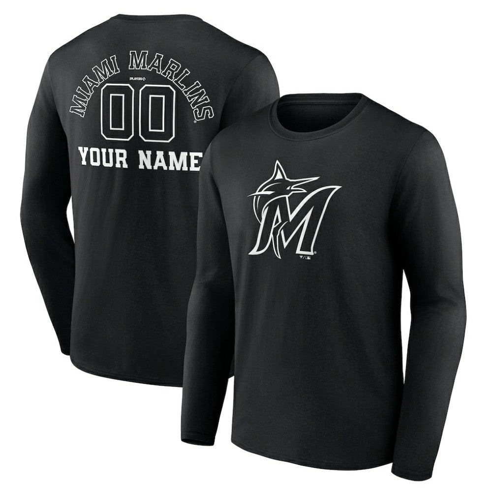 Miami Marlins Monochrome Personalized Name & Number Long Sleeve T-Shirt - Black