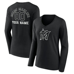 Miami Marlins Women's Monochrome Personalized Name & Number Long Sleeve V-Neck T-Shirt - Black